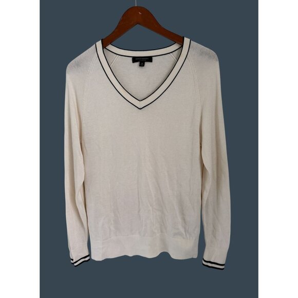 Banana Republic Womens Silk Cotton V-Neck Sweater Cream With Black Trim Long Sle - Picture 1 of 5